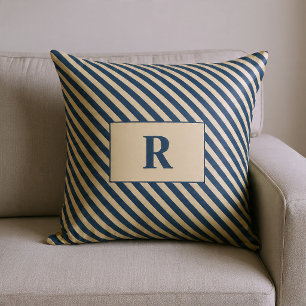 Monogrammierte Blau/Vanille Streifen Kissen