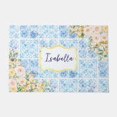 Monogrammierte blaue mediterrane Fliesen Blumen Zi Fußmatte (Vorderseite)