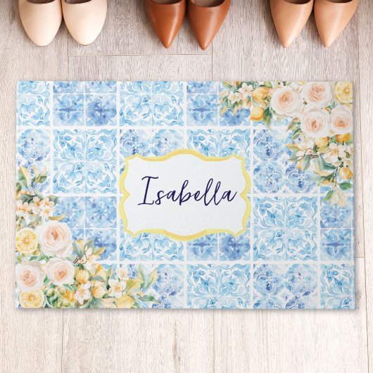 Monogrammierte blaue mediterrane Fliesen Blumen Zi Fußmatte