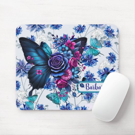 Monogrammierte blaue Schmetterlinge und Blume Mousepad (Mit Mouse)