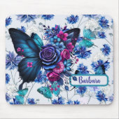 Monogrammierte blaue Schmetterlinge und Blume Mousepad (Vorne)