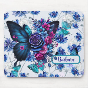 Monogrammierte blaue Schmetterlinge und Blume Mousepad