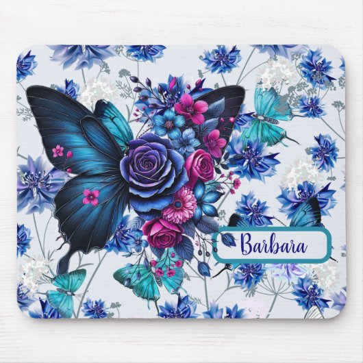 Monogrammierte blaue Schmetterlinge und Blume Mousepad (Vorne)