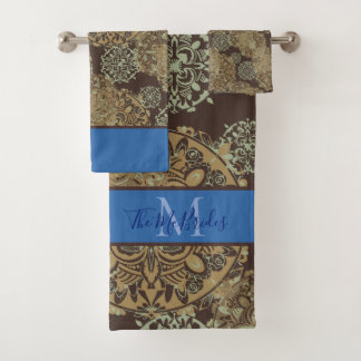 Monogrammierte blaue und braune boho moodige Manda Badhandtuch Set