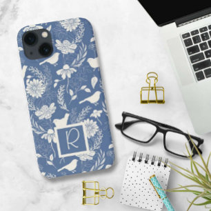 Monogrammierte blaue und cremefarbene Vögel und Bl Case-Mate iPhone Hülle