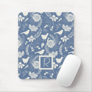 Monogrammierte blaue und cremefarbene Vögel und Bl Mousepad