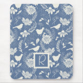 Monogrammierte blaue und cremefarbene Vögel und Bl Mousepad (Vorne)