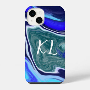 Monogrammierte blaue und weiße Marmor-Fluid-Art iPhone 14 Hülle