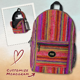 Monogrammierte Boho Vintage Rot Violette Streifen Bedruckter Rucksack