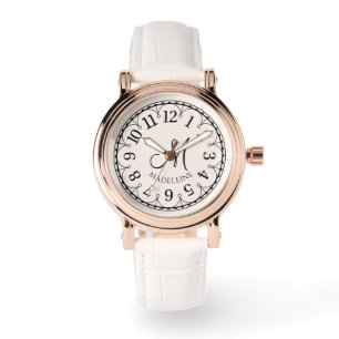 Monogrammierte Damen-Roségold-Vintage-Weißuhr Armbanduhr