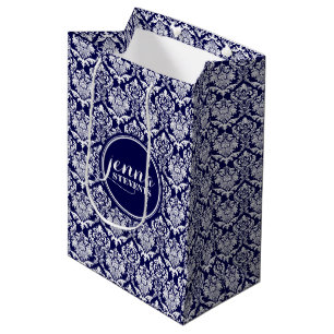 Monogrammierte dunkelblaue und weiße Vintage-Damas Mittlere Geschenktüte