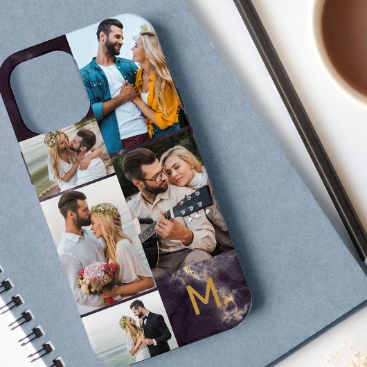 Monogrammierte dunkle Marmor 5-Foto-Collage Case-Mate iPhone Hülle