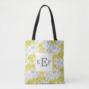 Monogrammierte gelbe und graue weiße Floral- Tasche