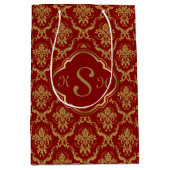 Monogrammierte Gold & Burgund Red Floral Damasks Mittlere Geschenktüte (Vorderseite)