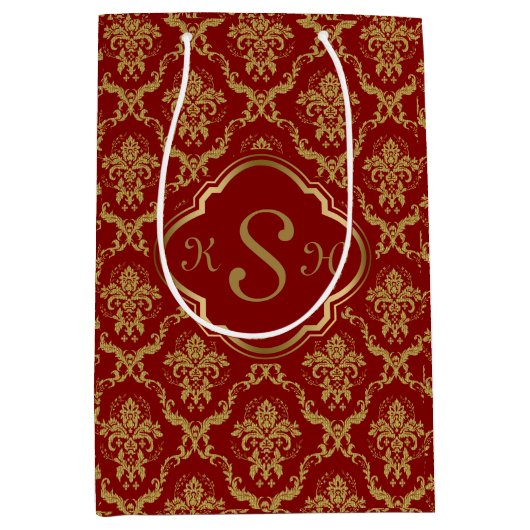 Monogrammierte Gold & Burgund Red Floral Damasks Mittlere Geschenktüte (Vorderseite)