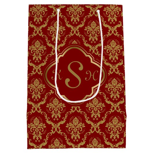 Monogrammierte Gold & Burgund Red Floral Damasks Mittlere Geschenktüte (Rückseite)