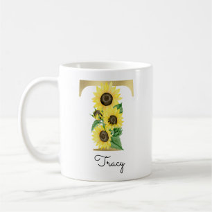 Monogrammierte goldene Sonnenblumen-Blumen-Initial Kaffeetasse