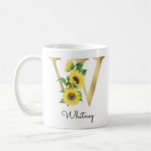 Monogrammierte goldene Sonnenblumen-Blumen-Initial Kaffeetasse