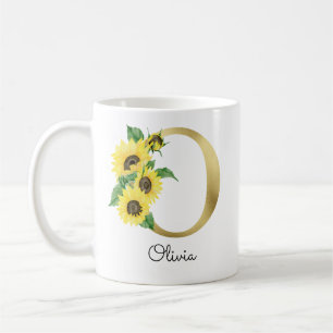 Monogrammierte goldene Sonnenblumen-Blumen-Initial Kaffeetasse