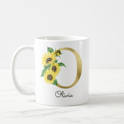 Monogrammierte goldene Sonnenblumen-Blumen-Initial Kaffeetasse (Links)