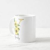 Monogrammierte goldene Sonnenblumen-Blumeninitiale Kaffeetasse (Vorderseite Links)