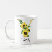 Monogrammierte goldene Sonnenblumen-Blumeninitiale Kaffeetasse (Links)