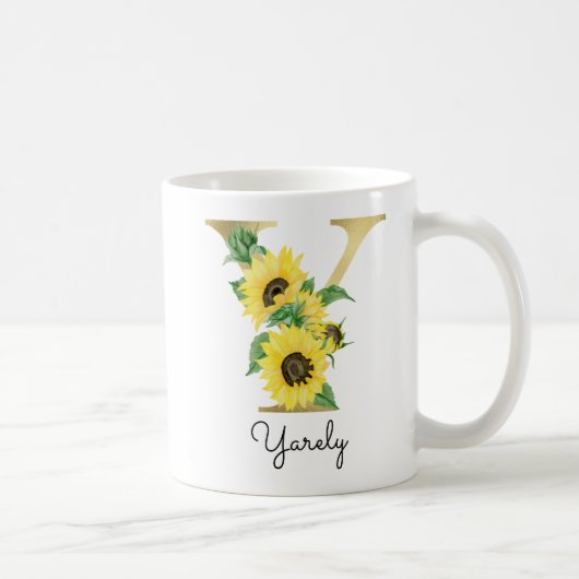 Monogrammierte goldene Sonnenblumen-Blumeninitiale Kaffeetasse (Rechts)
