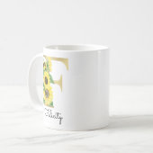 Monogrammierte goldene Sonnenblumen-Blumeninitiale Kaffeetasse (Vorderseite Links)