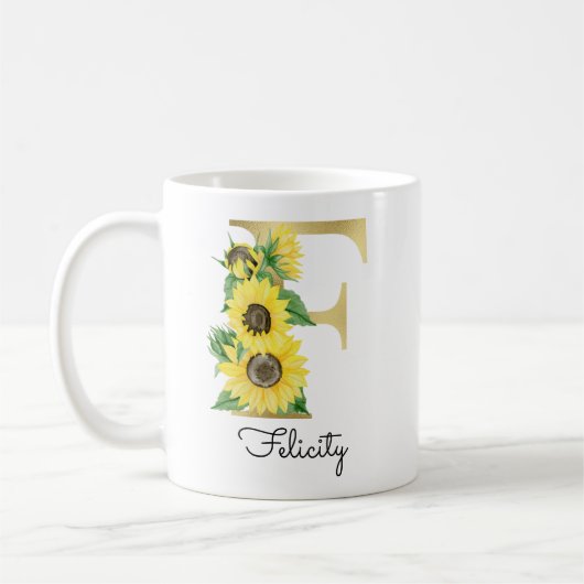 Monogrammierte goldene Sonnenblumen-Blumeninitiale Kaffeetasse (Links)