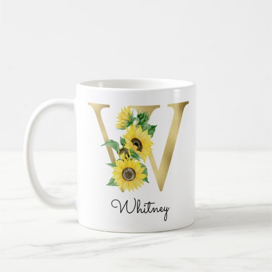 Monogrammierte goldene Sonnenblumen-Blumeninitiale Kaffeetasse (Links)