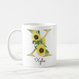 Monogrammierte goldene Sonnenblumen-Blumeninitiale Kaffeetasse