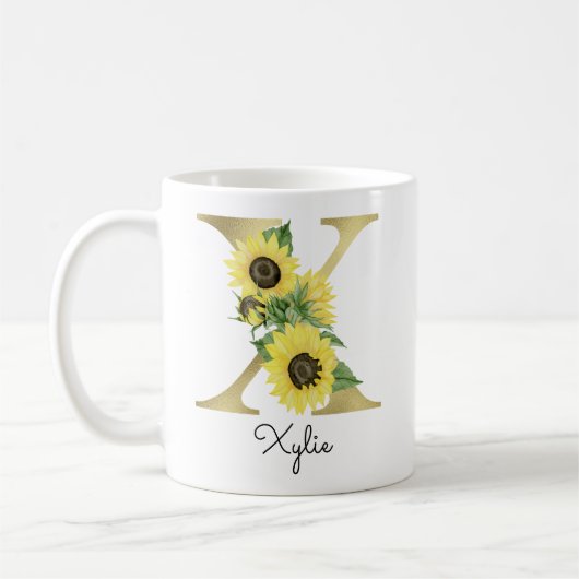 Monogrammierte goldene Sonnenblumen-Blumeninitiale Kaffeetasse (Links)