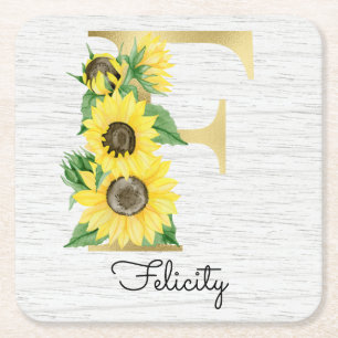 Monogrammierte goldene Sonnenblumen-Blumeninitiale Rechteckiger Pappuntersetzer