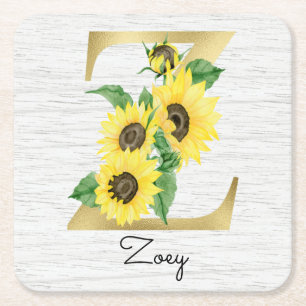 Monogrammierte goldene Sonnenblumen-Blumeninitiale Rechteckiger Pappuntersetzer
