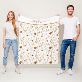 Monogrammierte Grau Beige Braun Weiß Boho Blumen  Fleecedecke