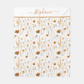 Monogrammierte Grau Beige Braun Weiß Boho Blumen Fleecedecke (Vorderseite)