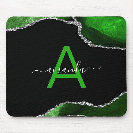 Monogrammierte grüne Achat-Mauspad mit Silber-Glit Mousepad (Vorne)