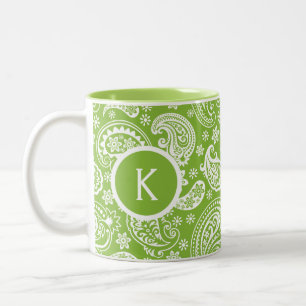 Monogrammierte grüne und weiße Vintage-Paisley Zweifarbige Tasse