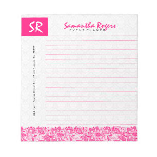Monogrammierte heiße rosa Blumenstickerei und weiß Notizblock