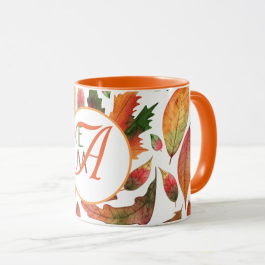 Monogrammierte Herbstblätter fallen Orange Grün De Tasse (VorderseiteRechts)