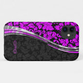 Monogrammierte Hot Pink & Black Damask Silver Acce Case-Mate iPhone Hülle (Rückseite (Horizontal))