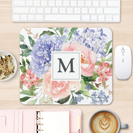 Monogrammierte Initiale Wasserfarbe Blau Rosa Flor Mousepad