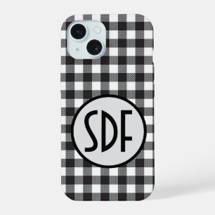 Monogrammierte Initialen Schwarz Weiß Buffalo Karo iPhone 15 Hülle
