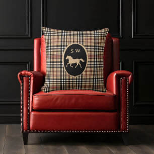 Monogrammierte Klassische Tartan Karo Pferd Mocha  Kissen