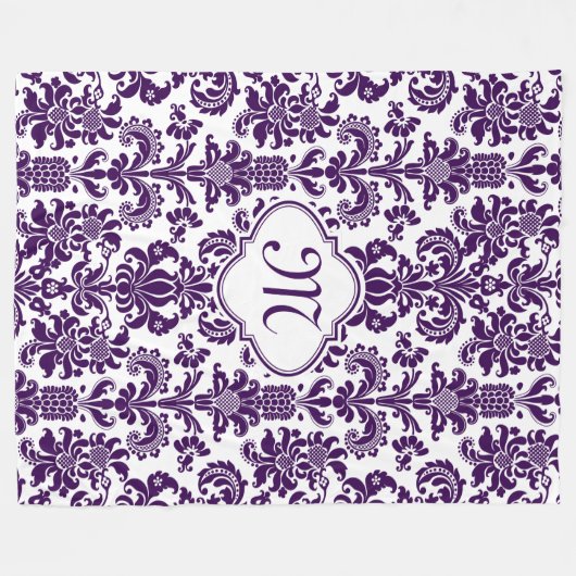 Monogrammierte Lila Floral Damaskus Weißer Hinterg Fleecedecke (Vorderseite (Horizontal))