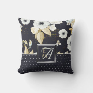 Monogrammierte marineblaue weiße ANEMONE Blumen-De Kissen