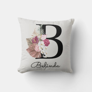Monogrammierte moderne rosa Blumeninitiale B Kissen