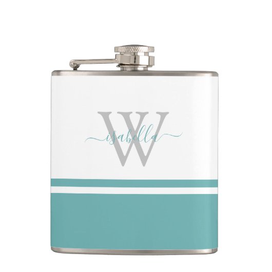Monogrammierte moderne Schrift Teal-Flasche Flachmann (Vorderseite)
