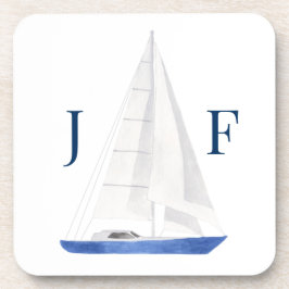 Monogrammierte nautische Wasserfarbe Segelboot  Getränkeuntersetzer