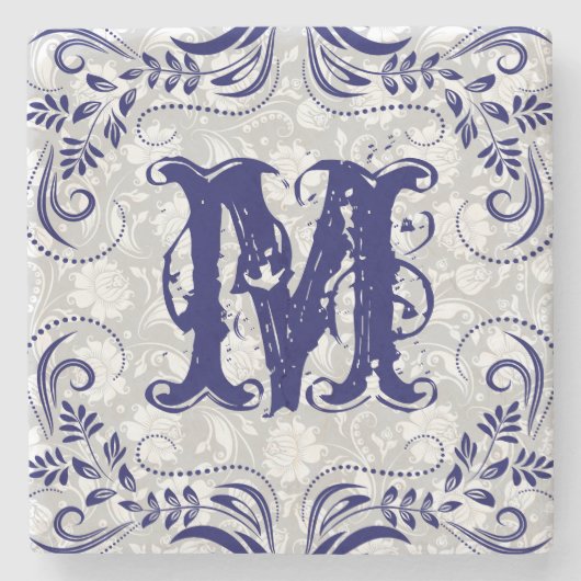 Monogrammierte Navy Blue Floral Wirbel Rahmen Steinuntersetzer (Vorderseite)